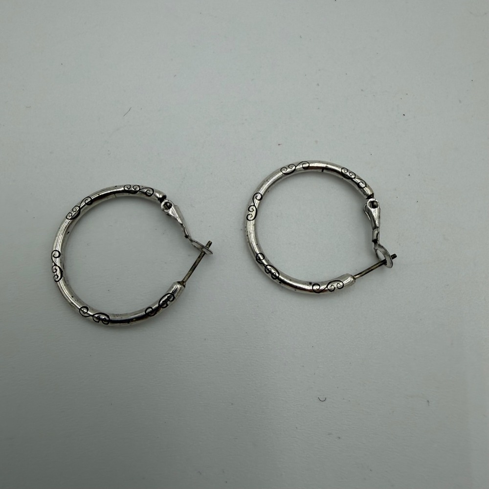 Brighton Small Earring Charm Hoops Silver Engraved Scrollwork Round 1.25 Inch